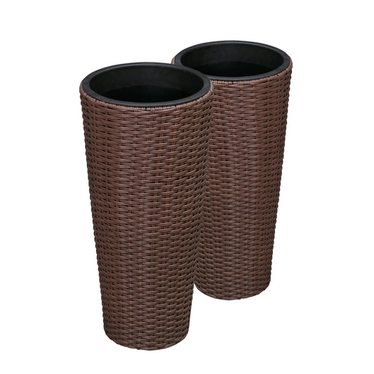 Balkene Home Noah Round Wicker Planter Tall Planter Decor Box for Adaptable Outdoor Furnishings All Weather Versatile Perfect Patio Herb Garden Living Space - 2 Piece Set - Mocha