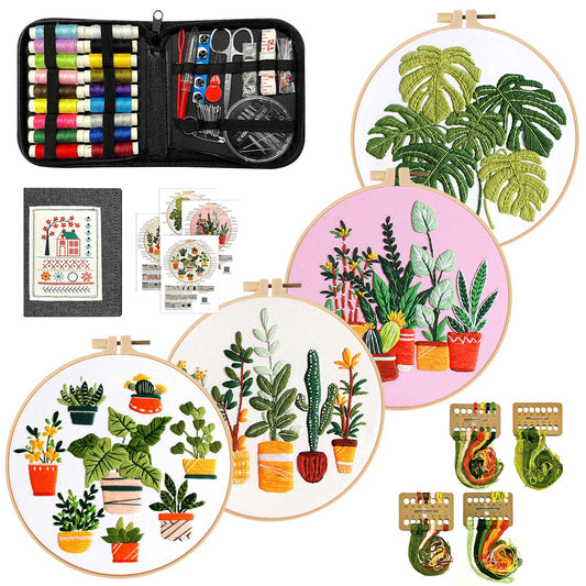 Irosiy 4 Pack Embroidery Kit for Beginners - 4 Cute Plant Pot Patterns, All-Inclusive Starter Set with Pre-Printed Canvas, Hoops - Handmade Home Decor Gift for DIY Craft Lovers