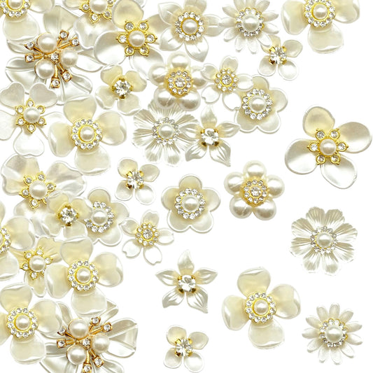 150PCS Rhinestone Buttons Faux Pearl Flat Back Flower Embellishments Vintage Flat Back Sewing Accessory Rhinestone Button for Jewelry Making DIY Craft Wedding