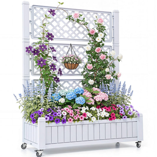 YITAHOME 42.5x14.2x61 in Planter Box with Trellis/Outdoor Privacy Screen, All-Weather Raised Garden Bed with Wheels & Drain Plug for Climbing Plants Flowers Herbs, White
