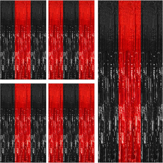 Skiennix 5 Pack Foil Fringe Curtains - Black & Red Party Backdrop Decorations for Events & Celebrations