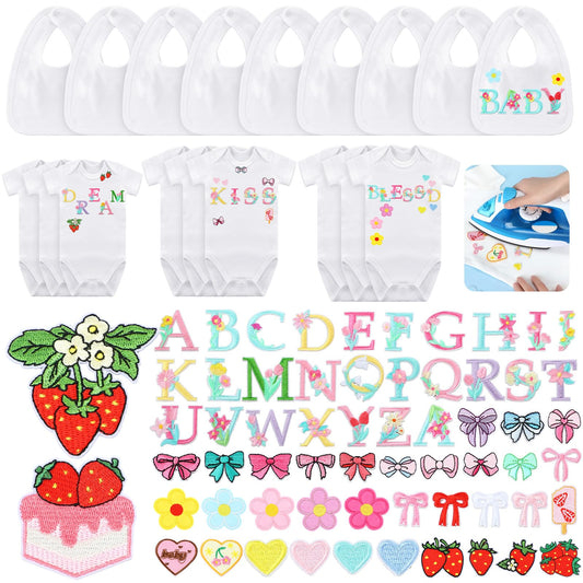 80 Pcs Baby Shower DIY Bodysuit Bibs Set Spring Iron on Transfers Cute Strawberry Bow Patches Baby Shower Decorating Kit 9 Cotton Bodysuits 9 Bibs 62 Iron on Embroidered Patches for Party Games