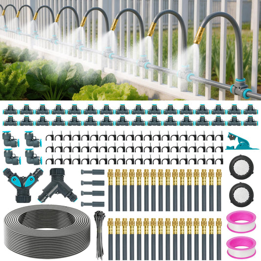 360°Adjustable Drip Irrigation System 200FT,5/16" Extra Long Garden Watering Kit with 32 Copper Nozzles,141Pcs Drip Irrigation Kit，Automatic Atomizing Plant Sprinkler for Large Yard, Greenhouse, Lawn