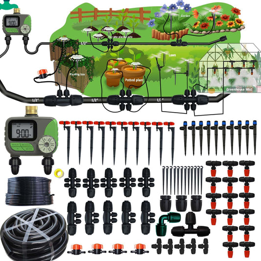 Drip Irrigation System for Garden with Water Timer, Main ID 1/2inch 32Ft and 1/4inch 131Ft Water Hose, 2-Zone Watering System Sufficient Water Pressure, Irrigation Dripper Waterflow Evenly Easy DIY