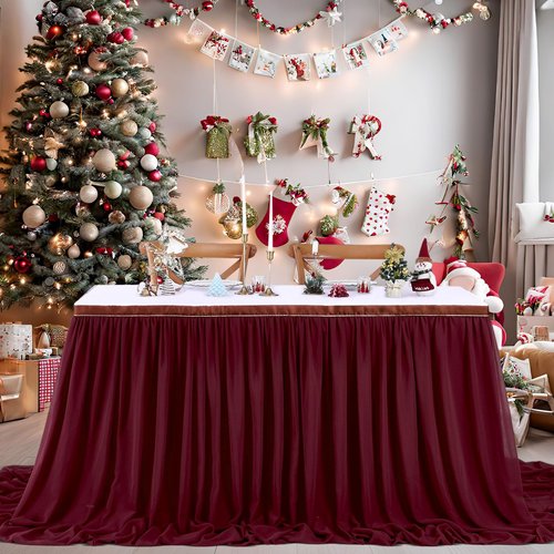 Burgundy Table Skirt 14FT Chiffon Table Skirting 2 Layer Rectangle Green Tablecloth for Birthday Baby Shower Wedding