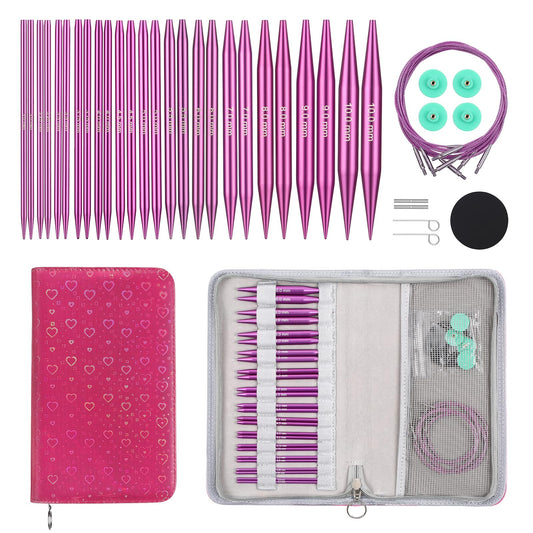 Guclud 4-Inch Interchangeable Circular Knitting Needles Set | US 2.5-15 (3.0-10.0mm) | 13-Pair of Metal Circular Needles | 4 Cables (16", 24", 32", and 40"), Accessories & Case
