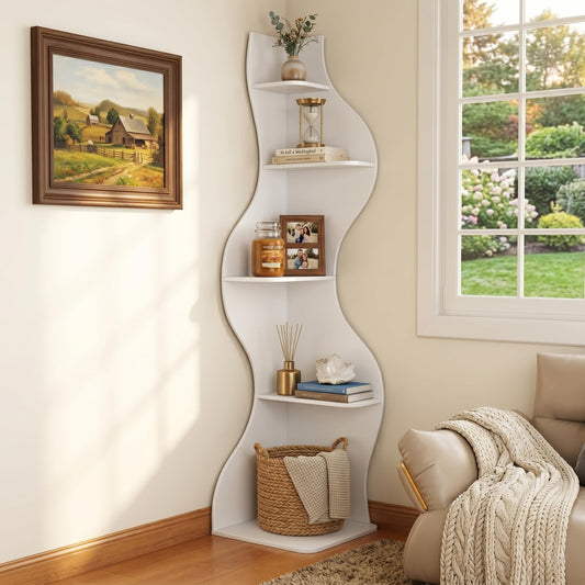 YOWOS Modern Corner Shelf, 5 Tier High Corner Bookshelf for Small Spaces, Scalloped Corner Bookshelf and Storage, Wooden Display Stand for Plants, Books and Decorations (White)