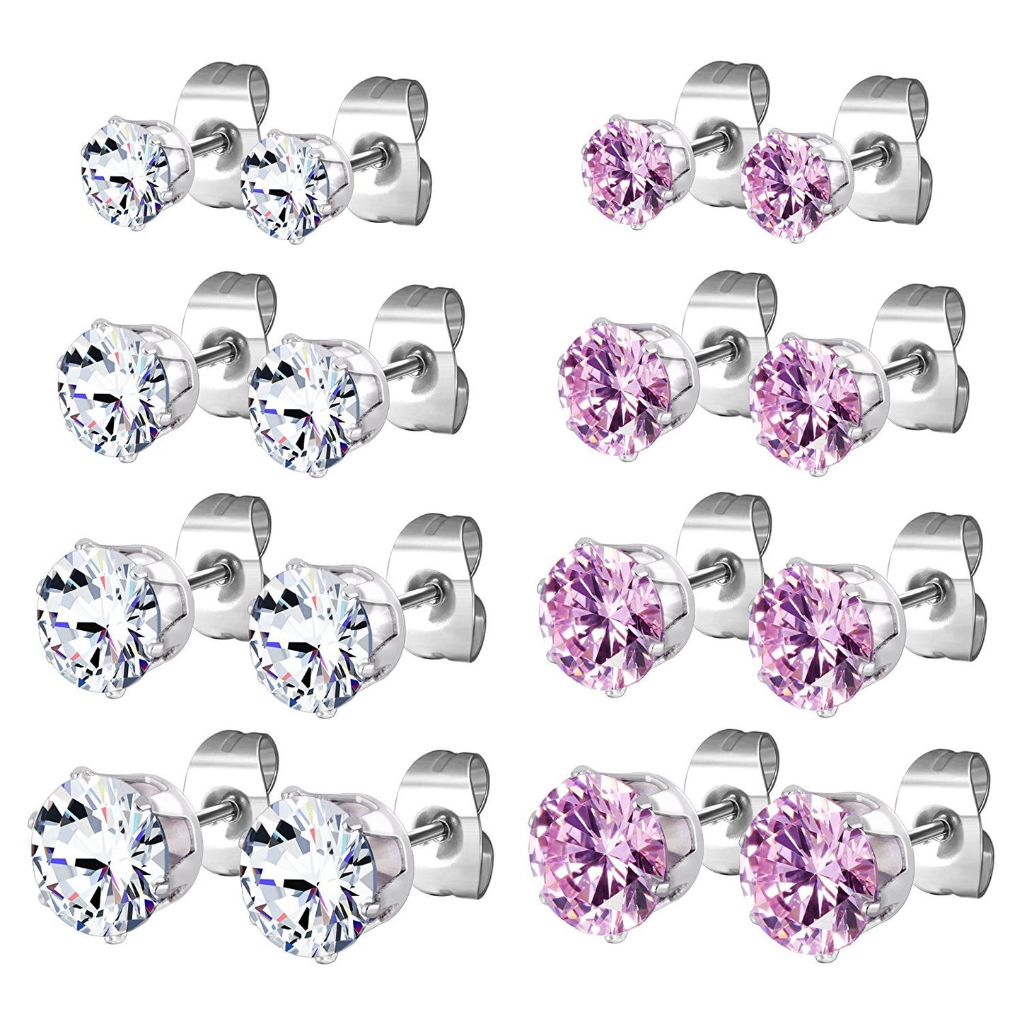 JewelrieShop Earrings for Women Studs Set Stainless Steel CZ Earing Hypoallergenic Multiple Piercing Ear Stud (8 pairs,4-8mm,White,Pink CZ)