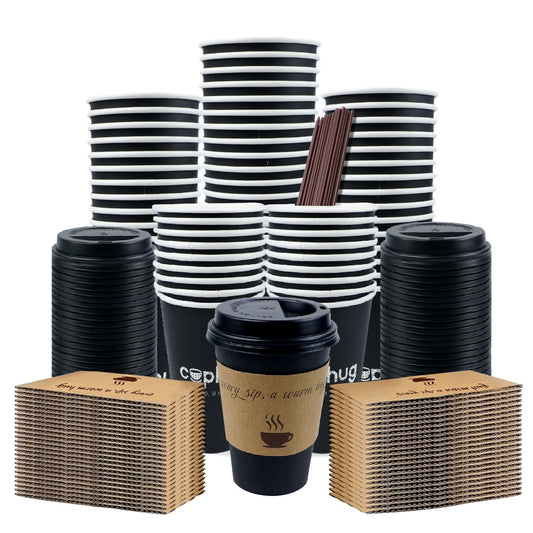 cuphug 12 oz Disposable Coffee Cups with Lids, Sleeves and Straws 100Pack, Thickened Leak-Proof Insulated Paper Cups for Hot Drinks, Home, Office, Cafe, Party