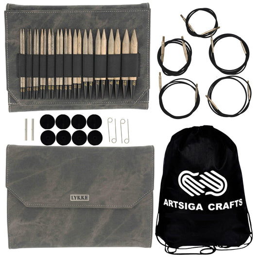 Lykke Driftwood 5 in. Complete Set US 4, 5, 6, 7, 8, 9, 10, 10.5, 11, 13, 15, 17 Interchangeable Circ. Knitting Needles for DK, Worsted, Super Chunky Yarn, Birch, 5 Cords, Grey DM Case, Project Bag
