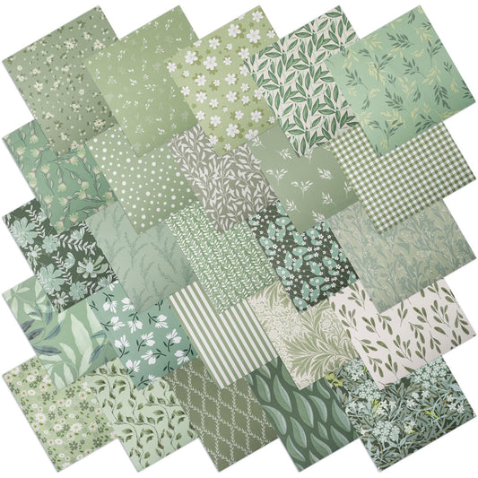 25 Pcs Sage Green Quilting Fabric Scraps, 10''x10'' Green Cotton Fabric Squares Vintage Precut Quilt Kits Include Floral Pattern Spring Leaf Print for DIY Craft Supplies