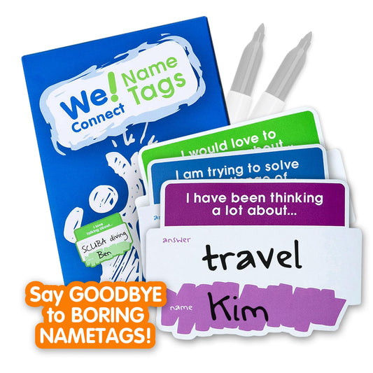 We! Connect Name Tag Stickers (150 PCS) - Easy-to-Write Name Stickers with Conversation Starters - Ideal for Networking, Ice Breakers & Adult Educational Team Building Games - Self-Adhesive Tags