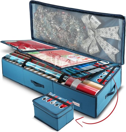 Hearth & Harbor Wrapping Paper Storage Container - Christmas Gift Wrap Organizer with Ribbon Dispenser | Holds 26 Rolls, Blue