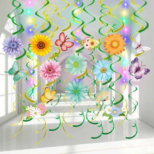 Skiennix 33-Piece Spring Hanging Decorations - Flower & Butterfly Swirls with LED Lights for Easter Parties