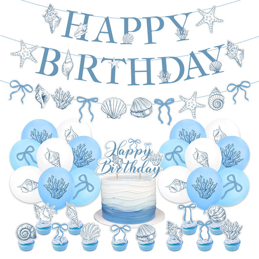 Blue Bow Starfish and Seashell Garland Ocean Coastal Nautical Beach Party Under The Sea Paper Bow Hanging Banner Cake Cupcake Toppers and Balloons for Summer Birthday Wedding Baby Shower Decro