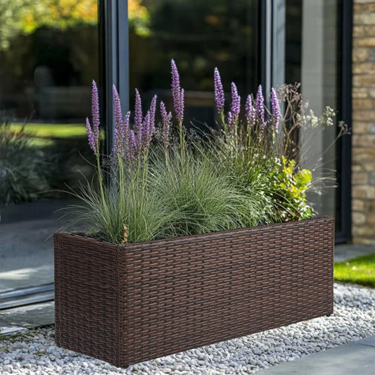 SUNNYPARK Brown Rectangular Planter Box All-Weather PE Rattan Large Modern Planters with Removable Liner Indoor Outdoor Decorative Flower Pot for Patio, Balcony, Garden