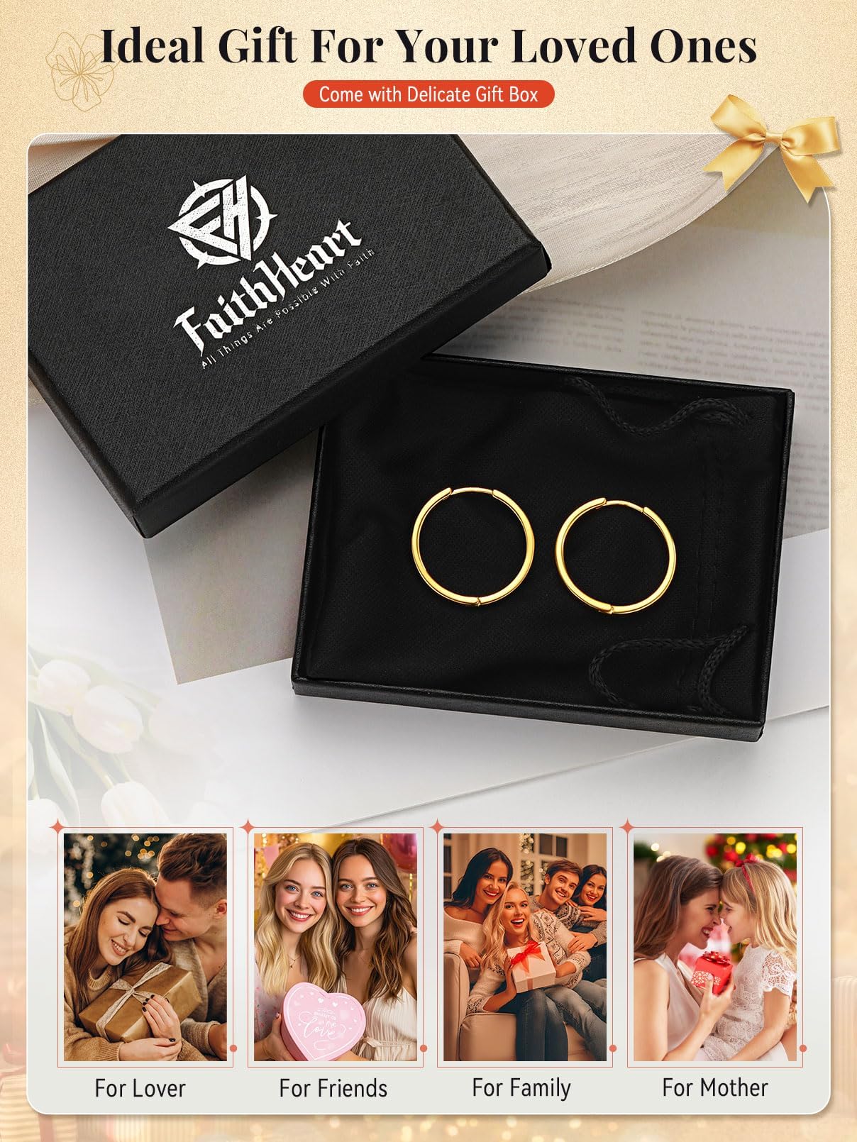 FaithHeart Hoop Earrings for Women, Black Hypoallergenic Huggie Hoop Earrings, Small Cartilage Earrings for Women 18mm, Send Gift Box