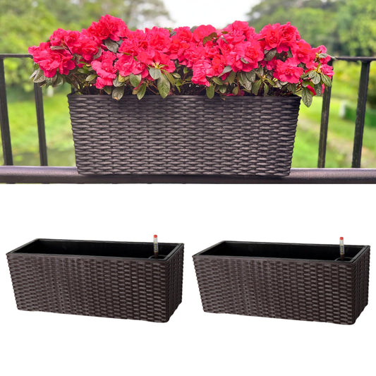 LaLaGreen Outdoor Rail Planter for Balcony (20 Inch, 2 Pack) Large Black Self Watering Railing Planters with Brackets, Rectangular Plastic Window Flower Box Fence Designer Choice with Rattan Pattern