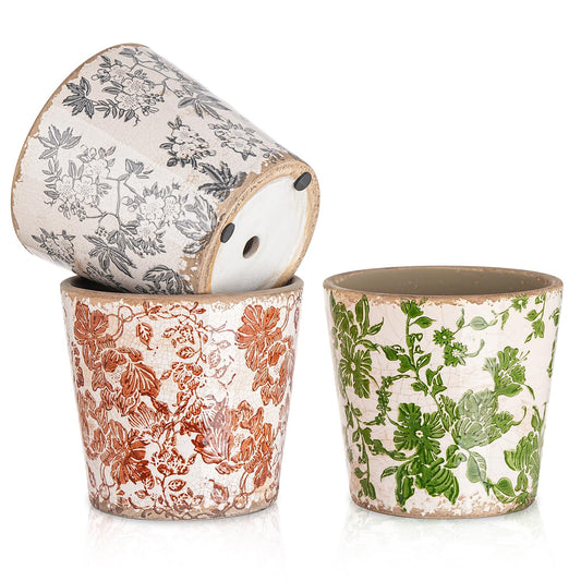 Sungmor Vintage Ceramic Planter Set of 3 - Decorative Indoor & Outdoor Flower Pots with Drainage Holes - Tuscan Décor Pots, 5.5" Ice Crackle Glaze Planters for Home, Kitchen, Patio, and Garden
