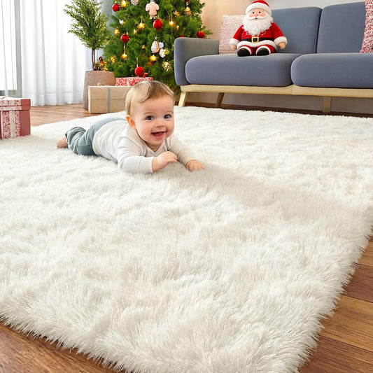 OLANLY Area Rug - Soft Fluffy Shaggy Design for Living Room & Bedroom | Machine Washable Ivory 6x7 ft