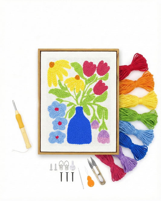 AceList 16" Punch Needle Kit with Wood Display Frame for Adults Beginners, Complete Rug Hooking Set with Adjustable Hoop, 30% Extra Yarn & Pattern Fabric, DIY Home Wall Decor Gift (Flower Vase)