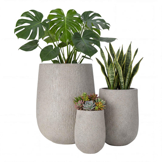 Modern Egg-Shaped Planter Set of 3, Lightweight MGO Stone Look Flower Pots with Drainage Holes & Rubber Plug for Indoor Outdoor Patio Garden Poolside Decor, Unique Textured Succulent Container