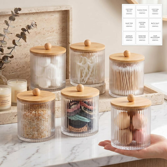 Yaomiao Ribbed Bathroom Canisters - 6 Pcs Apothecary Jars with Bamboo Lids & Labels | 18 oz Plastic Storage
