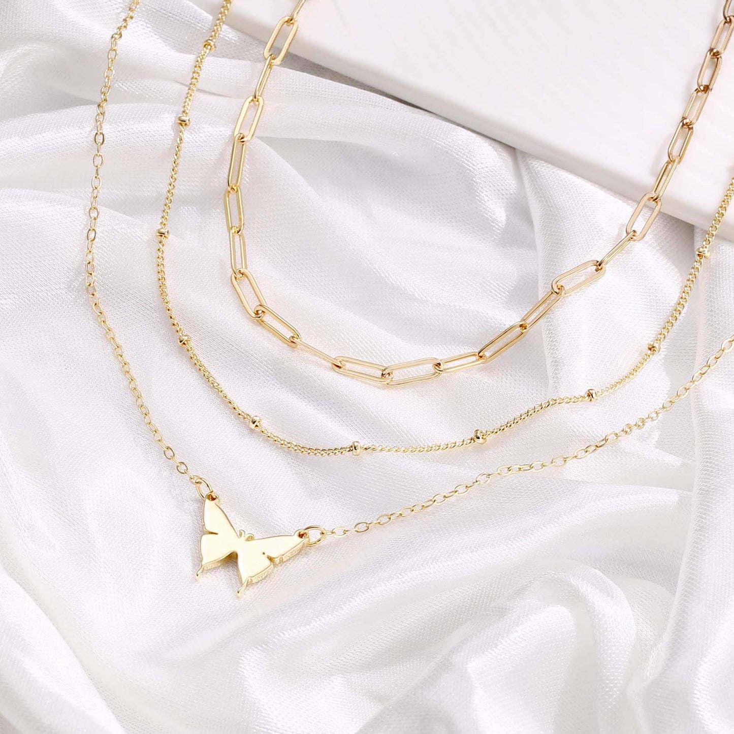 Turandoss Layered Butterfly Necklace for Women, 14K Layered Butterfly Necklace for Women Layering Butterfly Link Chain Necklaces