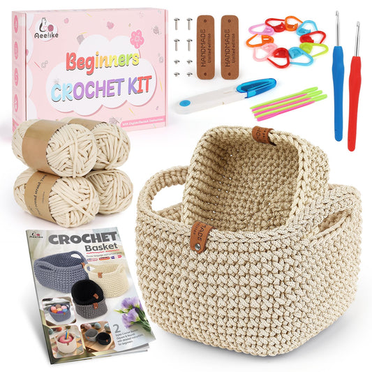 27PCS Crochet Basket Kit for Beginners (L&S), Complete Crocheting Basket for Storage, Knitting Starter Set with Instruction , Beginner Crochet Kit for Adults, Crocheting Gift for Home Decor Family