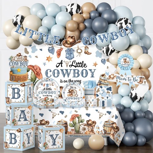 cocomigo 287Pcs Cowboy Baby Shower Decorations, All-in-1 Supplies Pack, Includes 25 Tableware, A Little Cowboy is on the Way Backdrop Tablecloth, Balloon Kit for Baby Boy Shower Decorations
