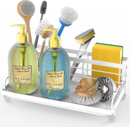 Cisily Kitchen Sink Caddy Organizer - Rustproof Non-Slip Soap Dish & Sponge Holder | Essential Home Accessory (White)