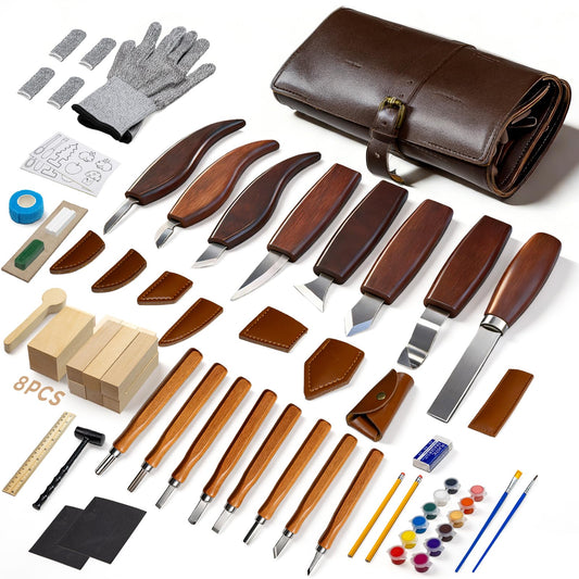 VMYTH Wood Carving Kit, 68PCS Complete Whittling Kit with Leather Storage Bag,16 Carbon Steel Knives, 8 Basswood Blocks & Paint,Ideal Wood Carving Set for Beginners,Enthusiasts Gift DIY