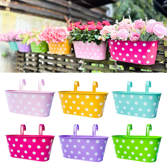 LaLaGreen Rail Planter for Deck Railing (11.2 Inch, 6 Pack) Multicolor Metal Iron Hanging Flower Pots, Polka Dot and Strawberry Fence Garden Wall Mount Window Box Plant Holder with Hooks Porch Decor