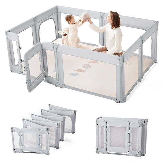 Sweeby Foldable Baby Playpen - Large 71x59 Play Yard with Gate for Indoor & Outdoor Use - Light Grey