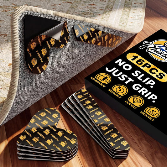 PHIXBEAR Rug Tape - 16 Pcs Reusable & Washable Anti-Slip Pads for Hardwood & Tile Floors | Residue-Free, Keeps Rugs Flat