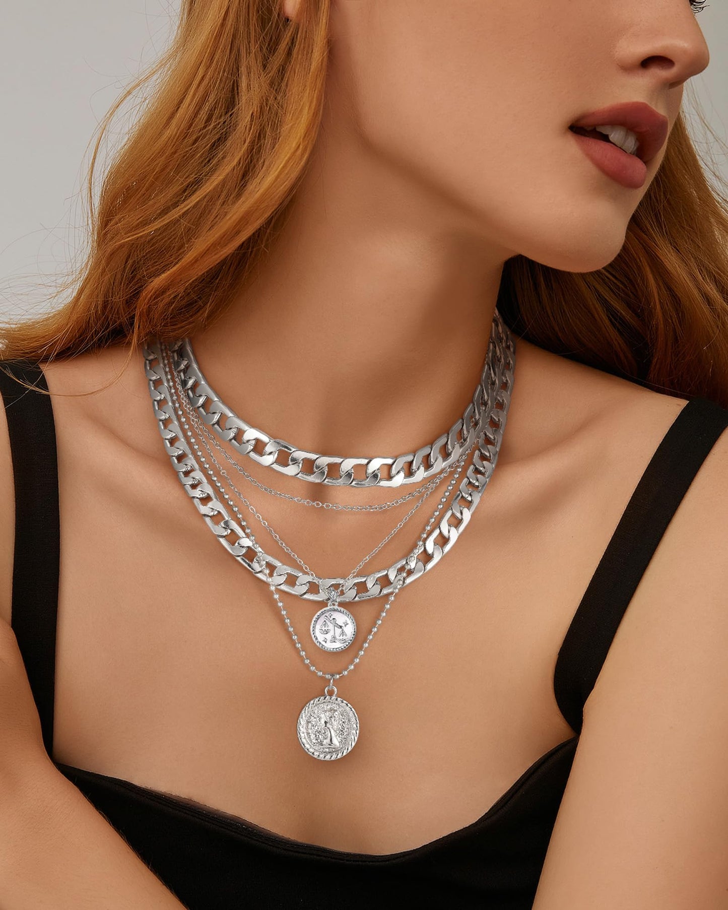 MJartoria Gold Layered Necklaces for Women Trendy Retro Coin Pendant Necklace Dainty Chunky Chain Choker Necklaces for Jewelry Birthday Gifts (Silver, Zodiac-Libra-3PCS Layered)