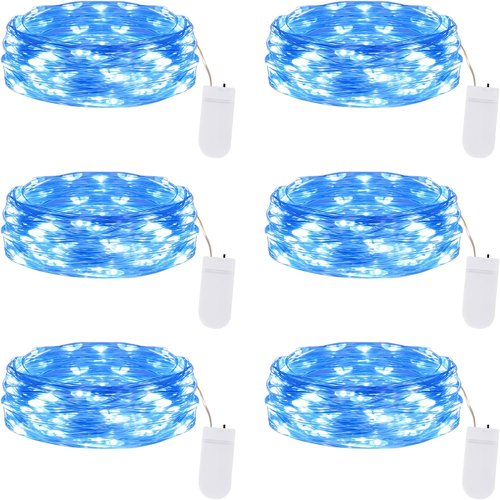 Lakumu Fairy Lights - 6-Pack Battery Operated 20 LED Waterproof Silver Wire for Mason Jars | Blue 7FT Decor