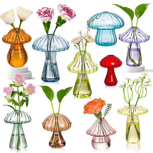 Mushroom Vase, Set of 10 Colored Flower Vase, Propagation Stations Vases, Small Bud Vases Home Decor Cute Glass Mushroom Planter for Room Office Decoration (10Pcs Colorful)