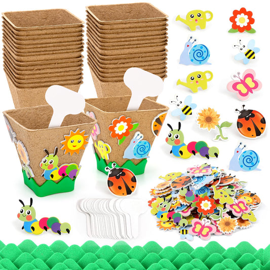 Ayfjovs 30 Pack Garden Paper Pot Craft Kit, Square Plant Pots with 120 PCS Adhesive Foam Stickers & 30 PCS Plant Pots Labels, Plant Craft for Classroom DIY Planting, Kids Summer Craft, Father's Day