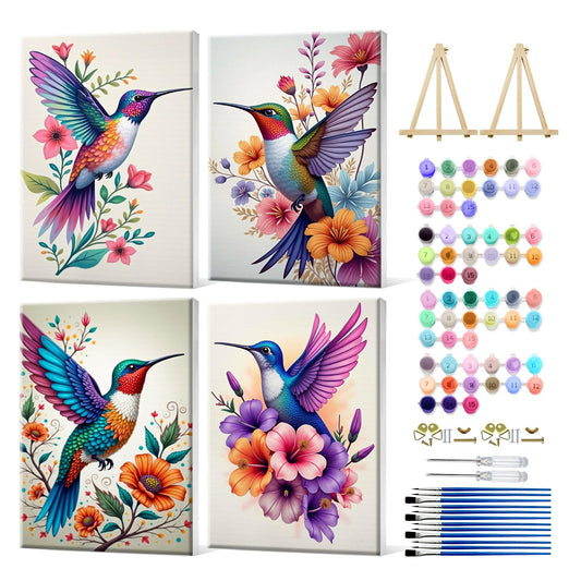 JOOZ 4 Pack Paint by Numbers Kit for Adults Framed, Hummingbird Paint by Numbers with Easel, DIY Flower Framed Adult Paint by Number Kits on Canvas, Oil Painting Kit for Home Decor 8x12 Inch