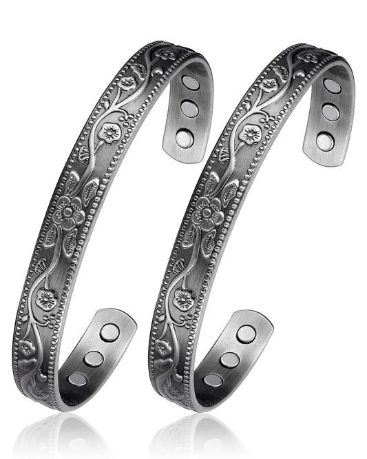 BioMag 2 Pcs Magnetic Copper Bracelets for Men, 99.99% Pure Copper Cuffs with 3500 Gauss Magnets, Adjustable Size, Intricate Floral Pattern, Antique Silver