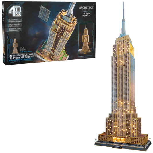 4D Build, Architect Series Empire State Building 3D Model Kit with LED Lights, Desk Décor, Adult Puzzles, Building Toys, 3D Puzzles for Adults & Teens, 479 Pieces, for Ages 12 & Up
