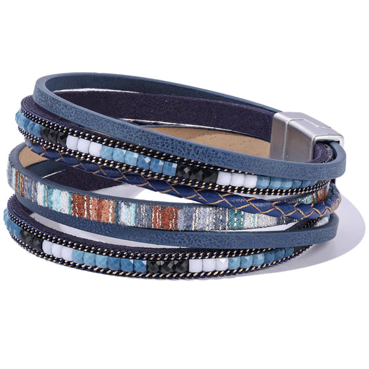 Becklynn Boho Leather Wrap Bracelets Beaded Crystal Stackable Cuff Bracelet with Magnetic Clasp Cowboy Cowgirl County Concert Outfits Western Jewelry Gifts for Women(Double Layer Navy)