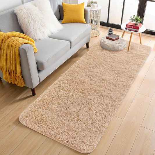 OLANLY 3x7 Machine Washable Runner Rug - Soft Fluffy Shaggy Carpet for Bedroom & Hallway | Beige