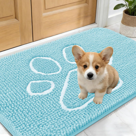 OLANLY Dog Door Mat - Absorbent Non-Slip Mud Mat for Paws | 24x16 Blue Chenille Design