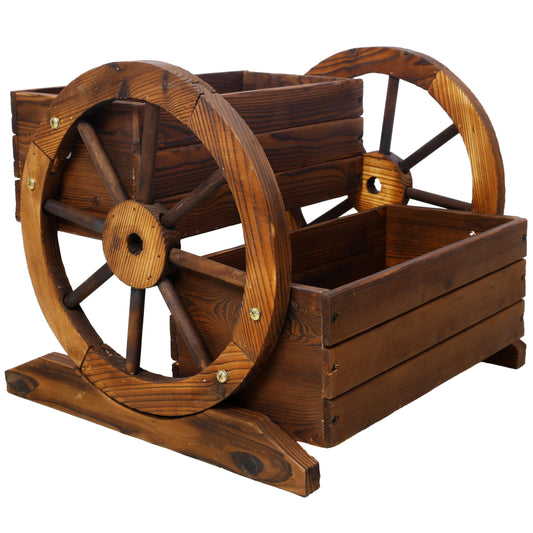 Lunanniu Wooden Wagon Wheel Planter Rustic 2 Tier Flower Box Outdoor Garden Cart Decorative Fir Wood Plant Holder Patio Yard Display Stand Rectangular Tiered Flowerbed Balcony Plant Stand
