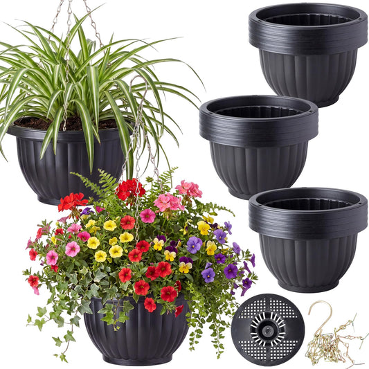 Ferrochef 12 Sets Hanging Planters for Indoor and Outdoor Plants Self Watering Hanging Basket Flower Pots Plastic Plant Pots with Drainage Hole and Absorbing Tray(Black,10 Inch)