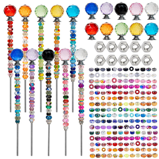 230 Pcs Beaded Garden Stakes Kit DIY Fairy Wands for Garden with 10 Colorful Crystal Stopper Top 200 Assortment Round Large Hole Bead for Outdoor Decor (10, Colorful Spherical)