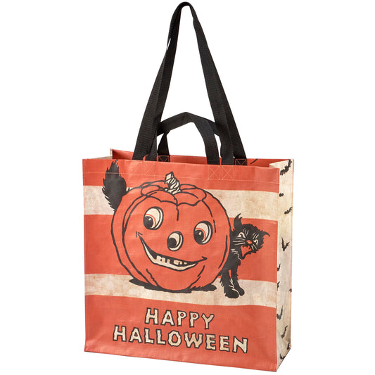 Primitives by Kathy double-sided market tote from our Halloween Collection displaying a vintage design of a jack o'lantern and black cat above a "Happy Halloween" sentiment.