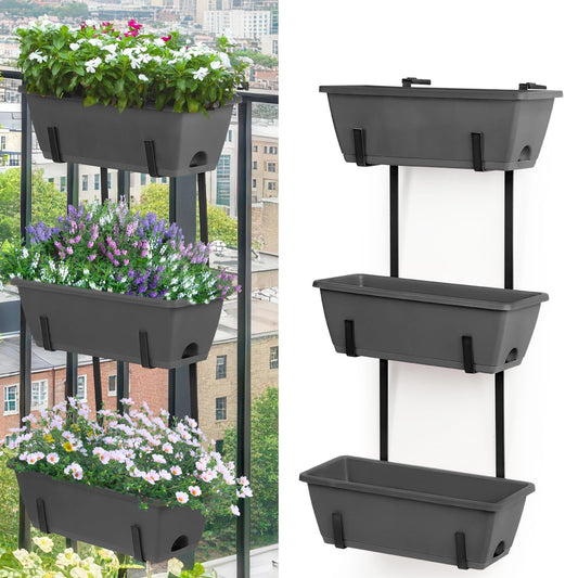 OYEAL Deck Railing Planter Boxes Set of 2 Over Fence Planters for Outdoor Plants, Hanging Window Planter Boxes with Adjustable Brackets, 6 Plastic Flower Boxes, Grey